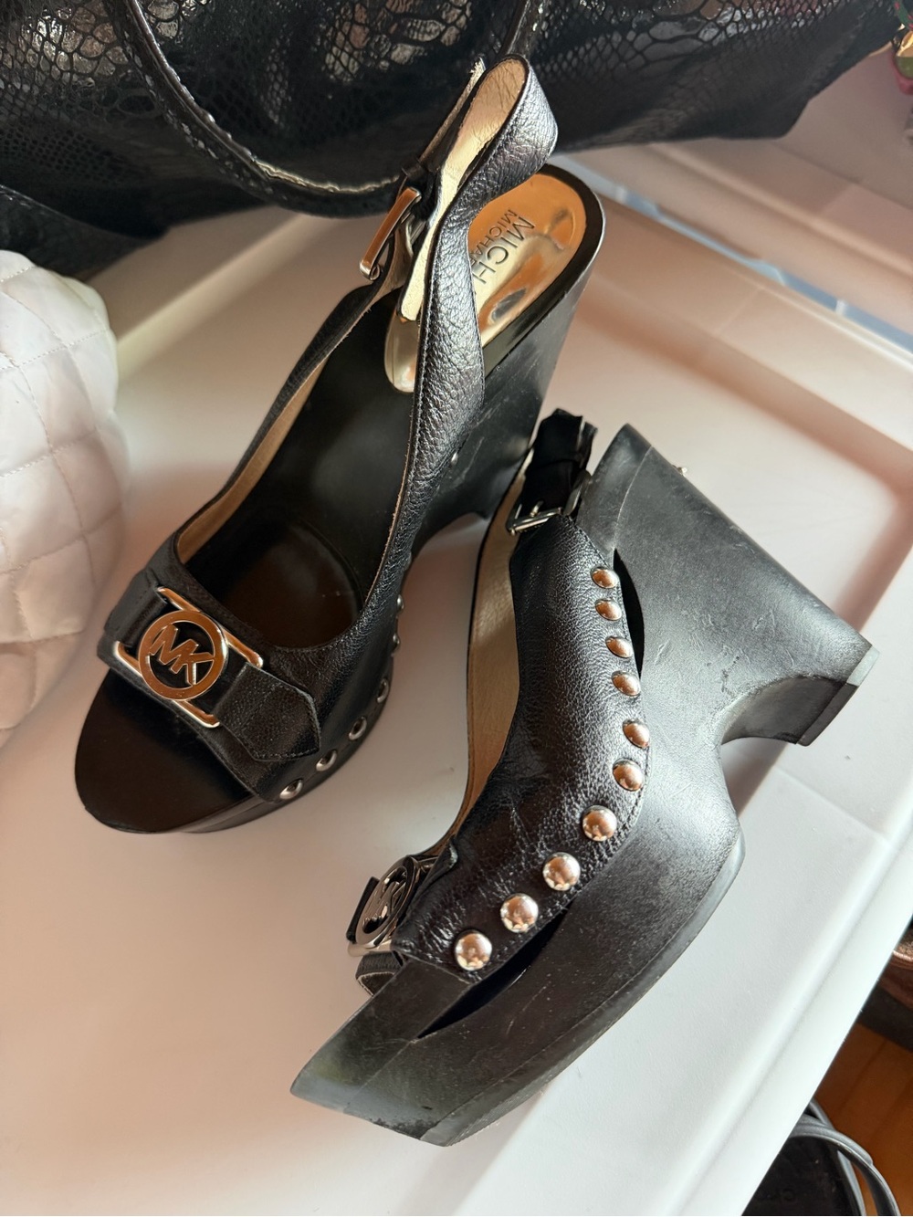 Michael Kors Black Leather Platform Slingback Heels women’s size 7